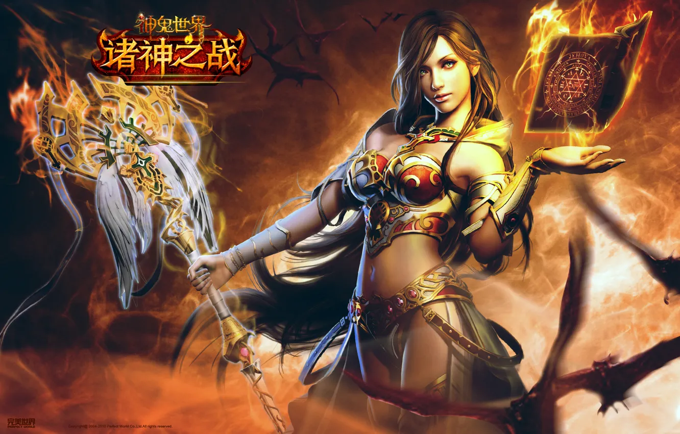 Photo wallpaper girl, magic, armor, book, staff, bats, Perfect World