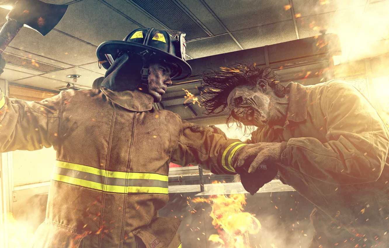 Photo wallpaper lights, fire, fight, Zombie VS Firefighter