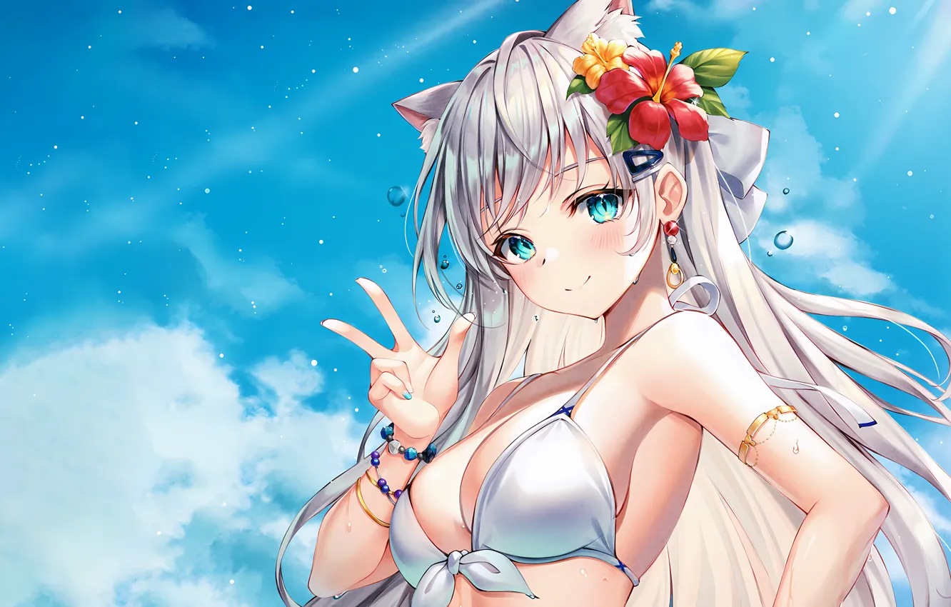 Photo wallpaper girl, sexy, wet, cleavage, beach, sky, long hair, boobs