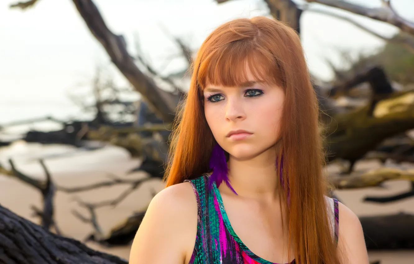Photo wallpaper sea, beach, look, girl, feathers, redhead, blue-eyed