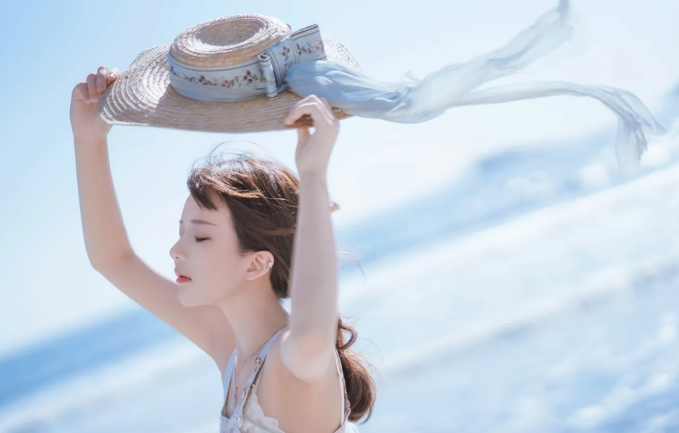 Photo wallpaper beach, sea, ocean, coast, hat, woman, water, beautiful