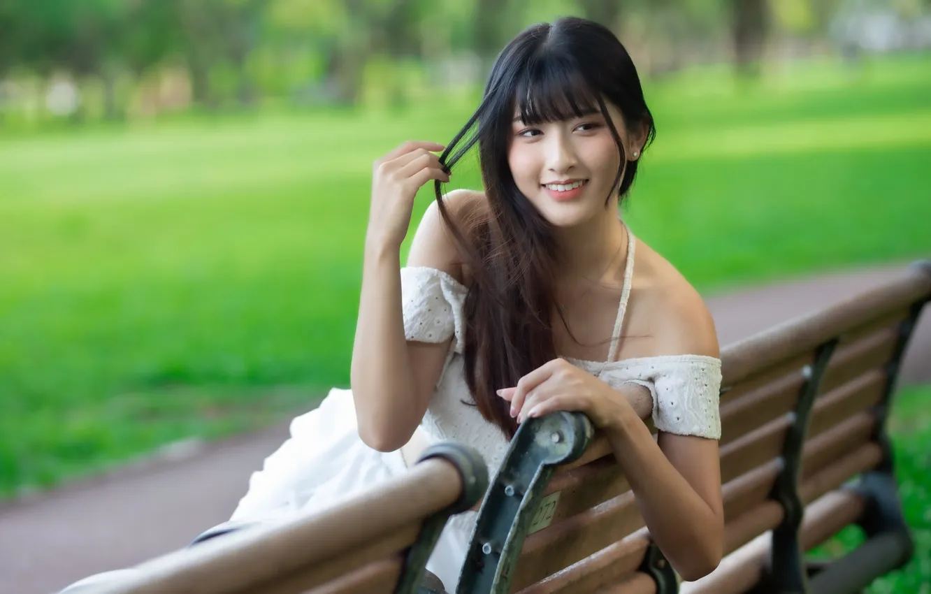Photo wallpaper girl, smile, Asian, bench
