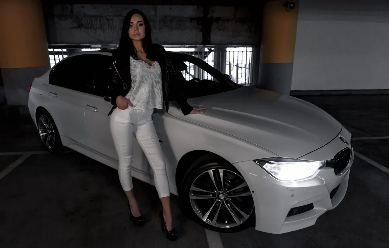 Photo wallpaper look, girl, BMW, beautiful girl, Valeria, white car, posing on the car