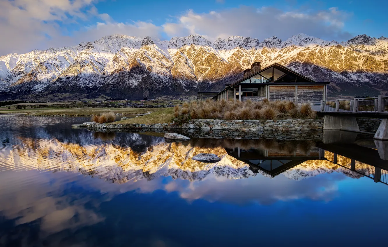 Photo wallpaper light, snow, mountains, lake, reflection, shore, tops, house