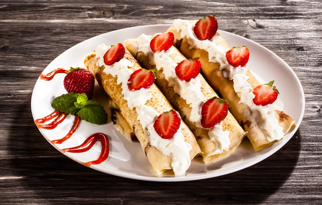 Photo wallpaper food, strawberry, pancakes, cream, dessert, sweet, syrup, pancakes