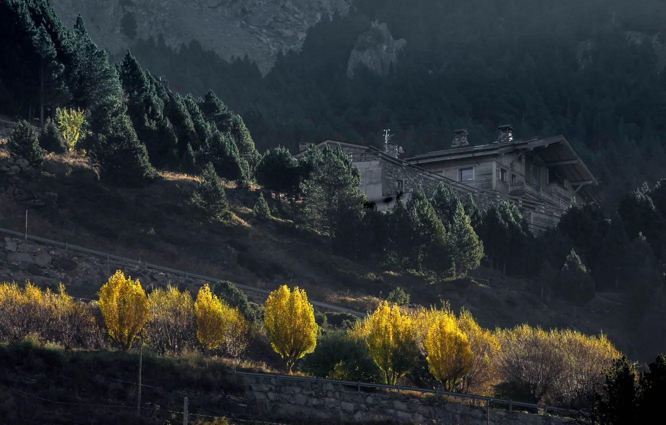 Photo wallpaper autumn, trees, mountains, house, slope