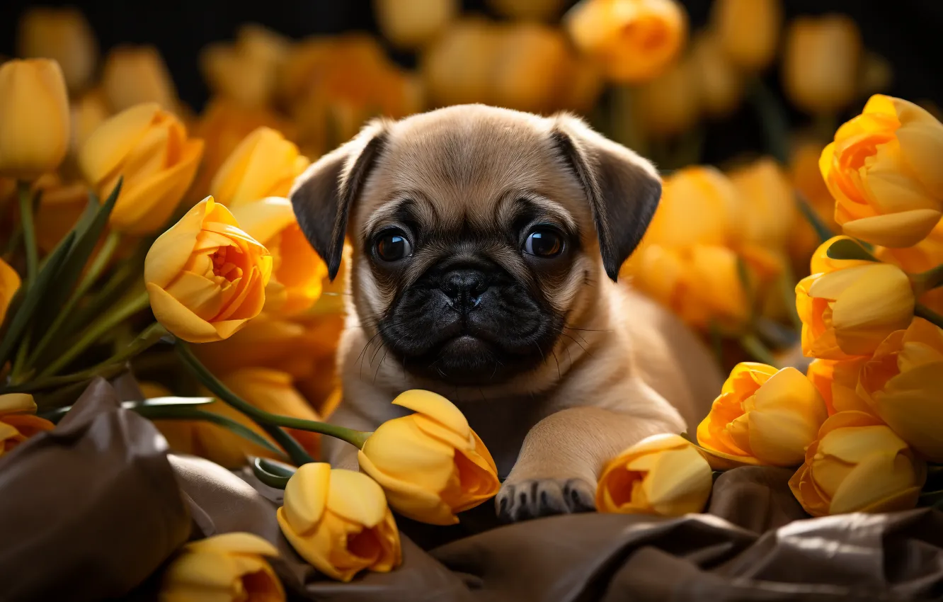 Photo wallpaper look, flowers, pose, portrait, dog, face, AI art, neural network