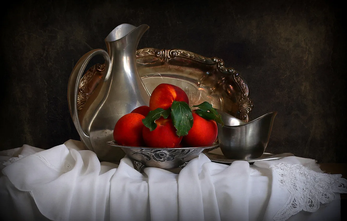 Photo wallpaper leaves, metal, the dark background, table, Shine, red, fabric, white