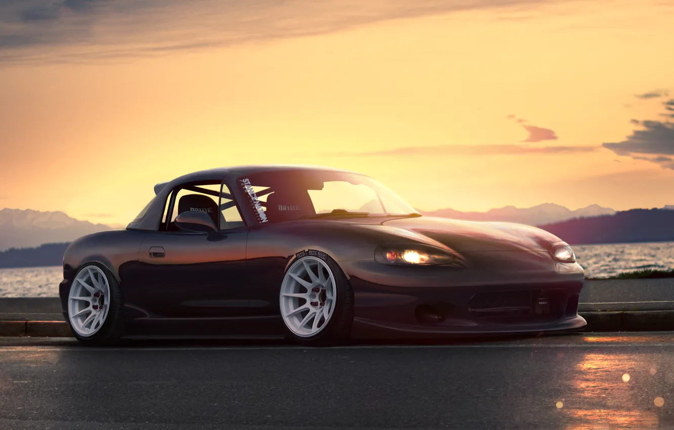 Photo wallpaper sunset, tuning, car, Mazda, stance, mazda mx5