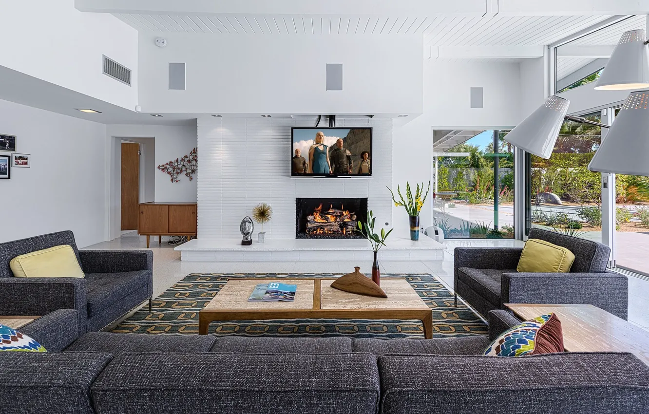 Photo wallpaper design, interior, fireplace, retro style, living room, Midcentury Home, by H3K Design, high garden