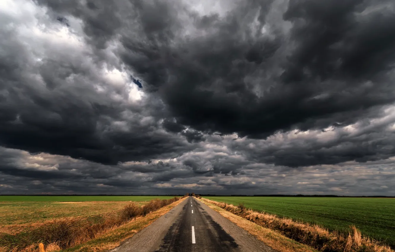 Photo wallpaper road, field, clouds