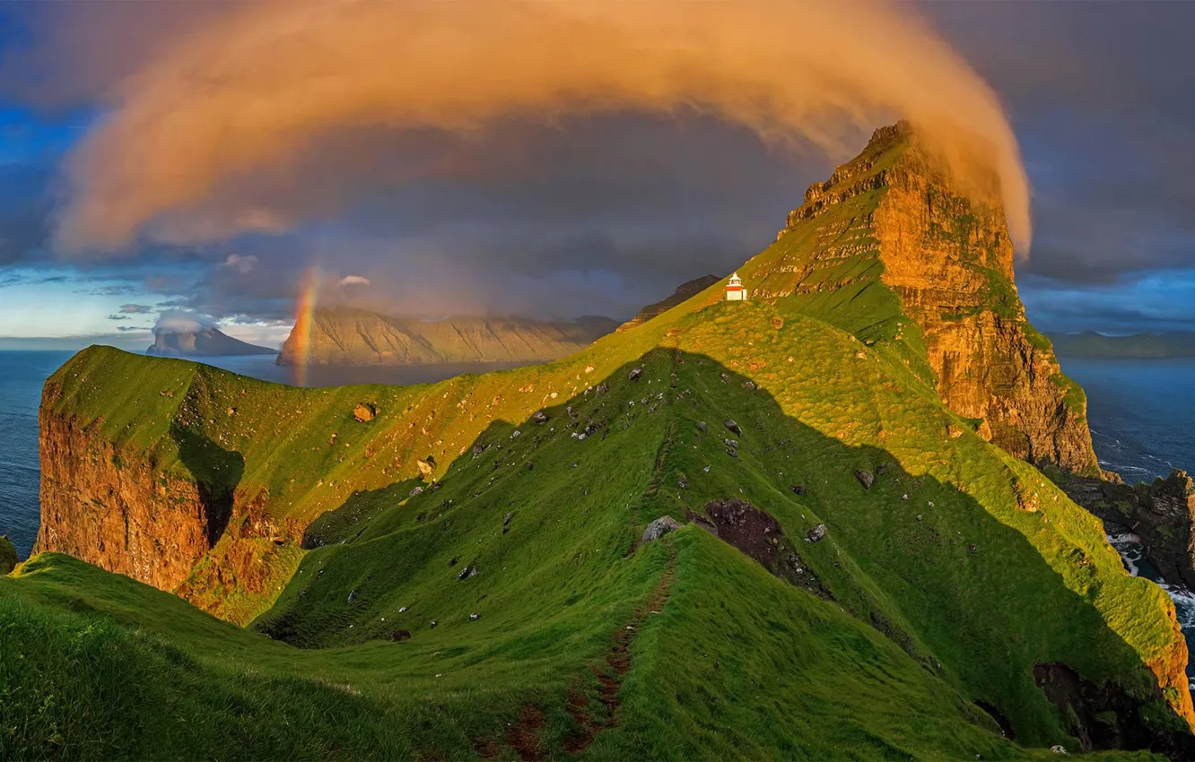 Photo wallpaper rocks, rainbow, Faroe Islands, island Kalsoy