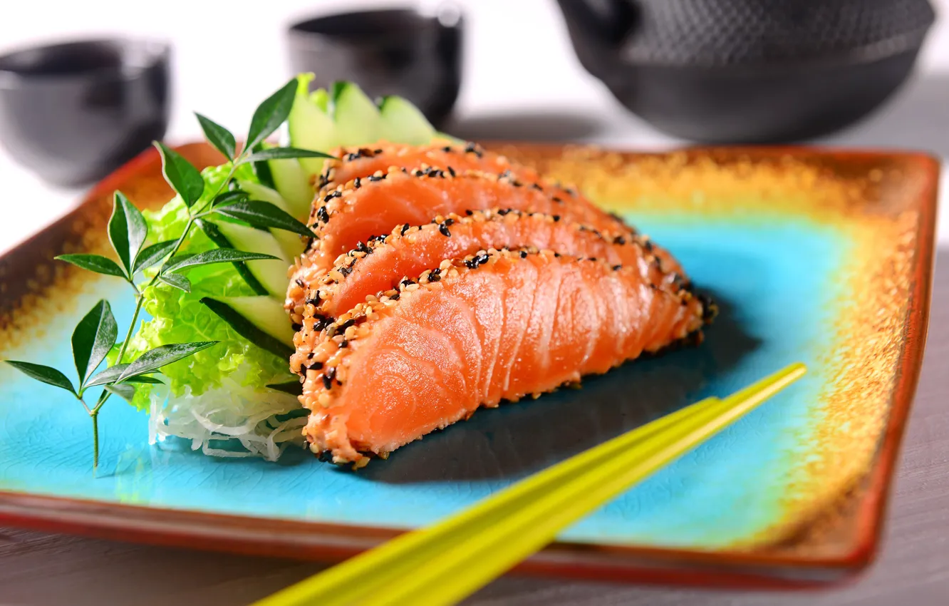 Photo wallpaper fish, plate, sesame, serving
