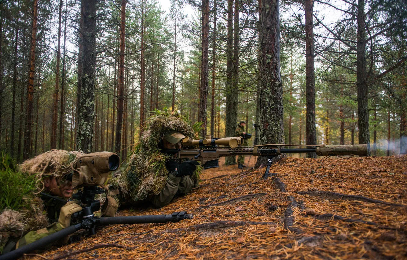 Photo wallpaper forest, optics, sniper, rifle, observation