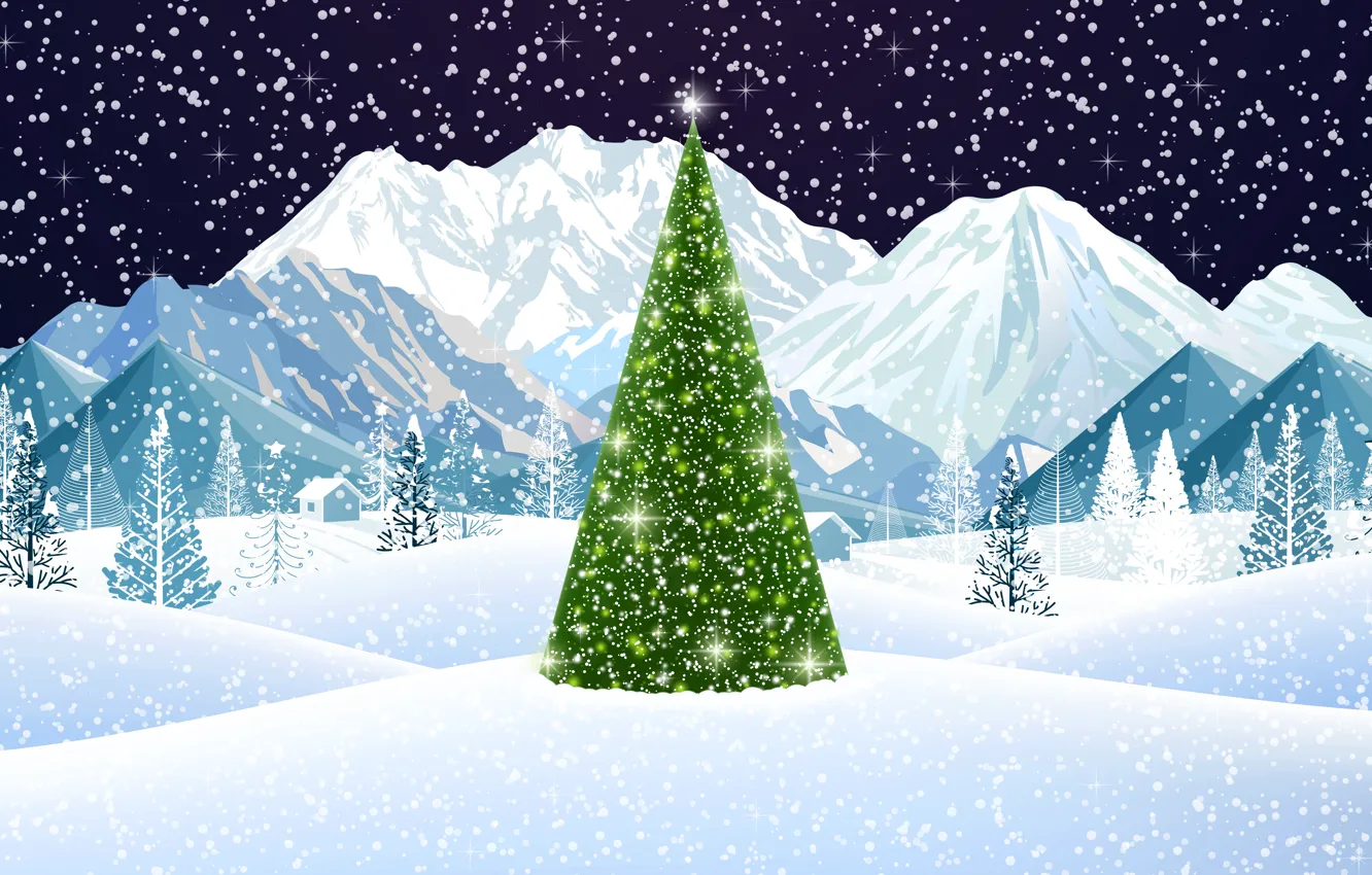Photo wallpaper Winter, Mountains, Snow, Christmas, Snowflakes, Background, New year, Holiday