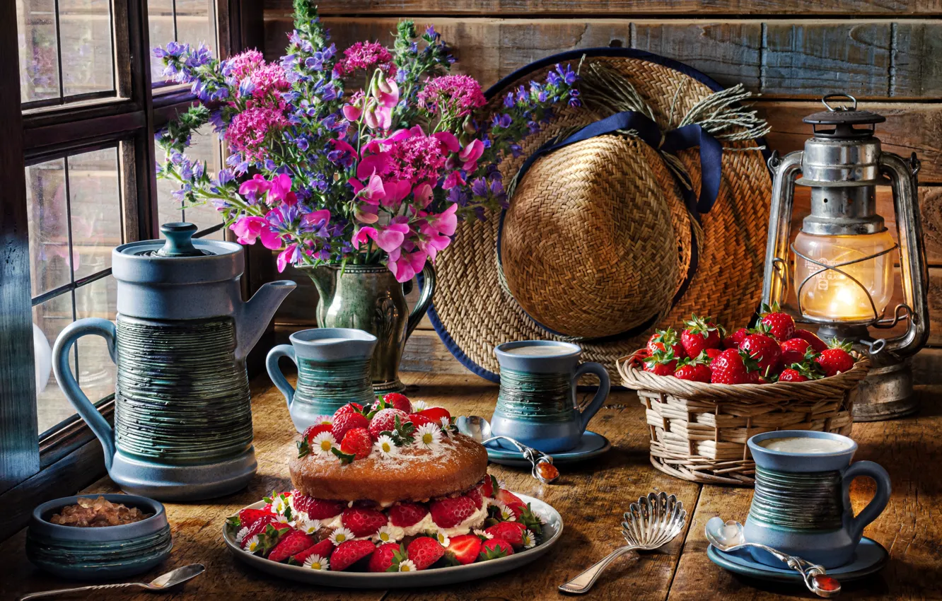 Photo wallpaper flowers, style, berries, lamp, bouquet, hat, window, strawberry