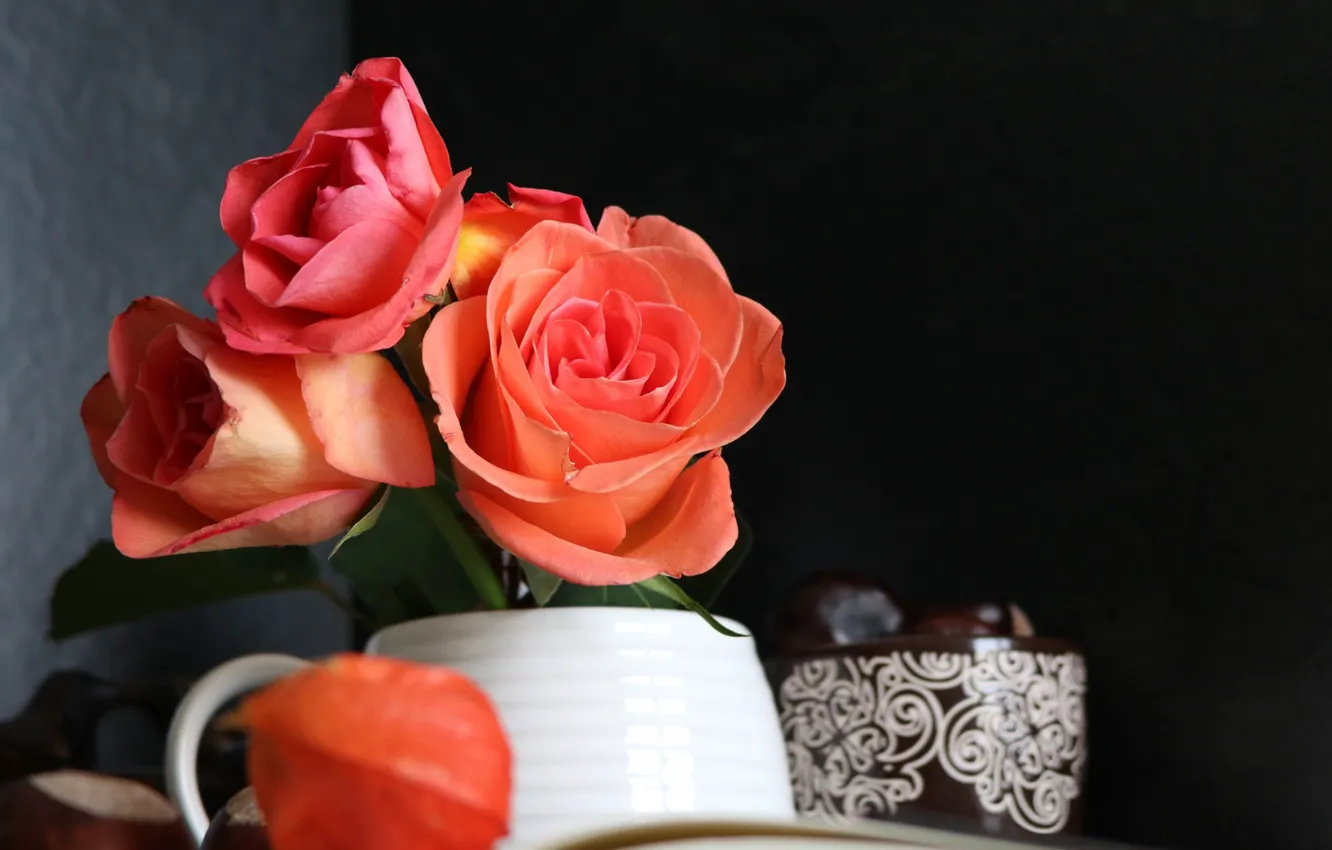 Photo wallpaper roses, book, vase, bokeh