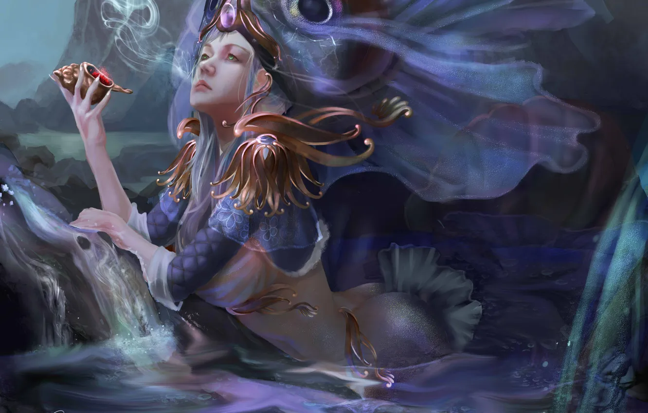 Photo wallpaper girl, smoke, mermaid, sink, art, shell