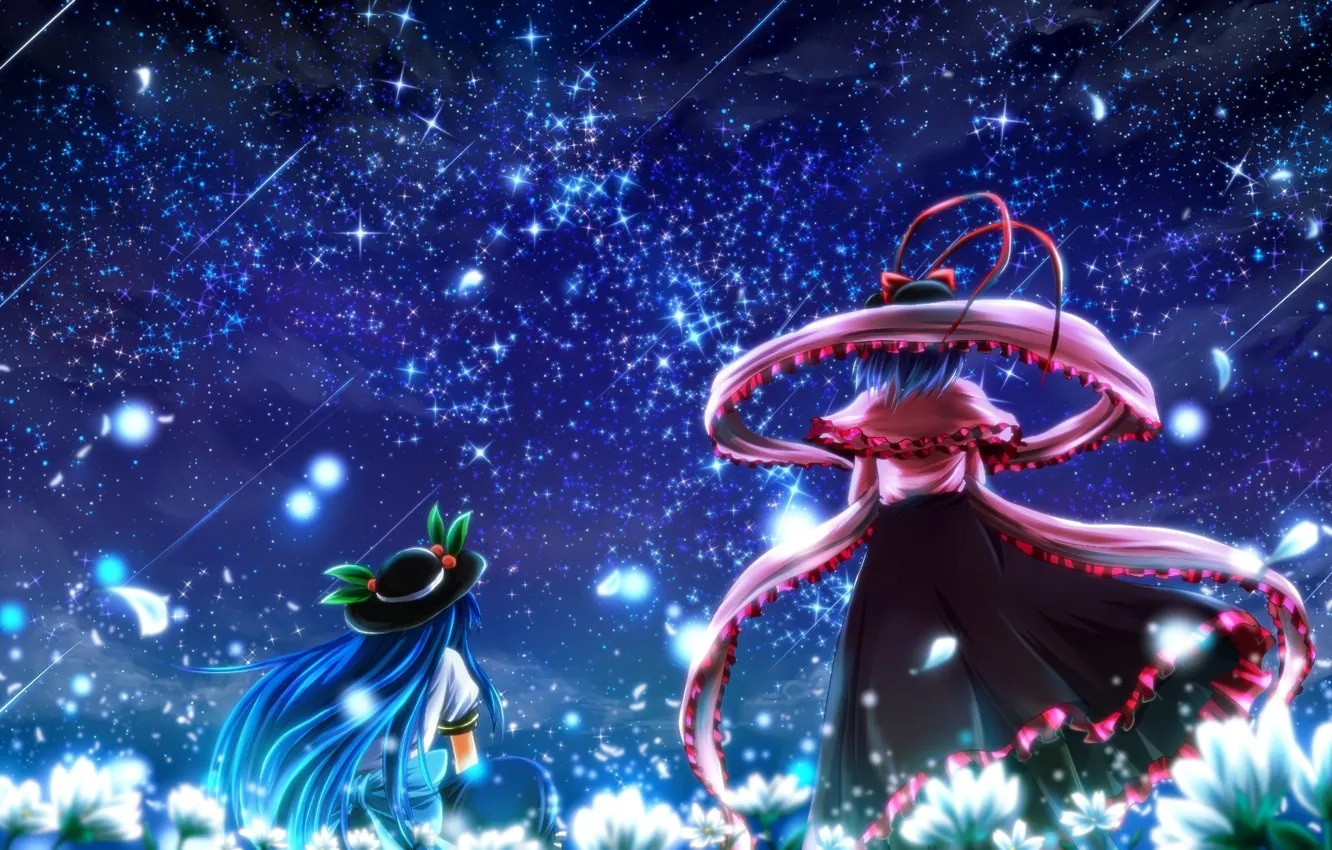 Photo wallpaper the sky, girl, stars, flowers, night, hat, art, Hinanawi Tenshi