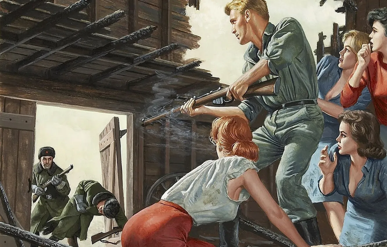 Photo wallpaper girls, figure, shot, the barn, art, soldiers, rifle