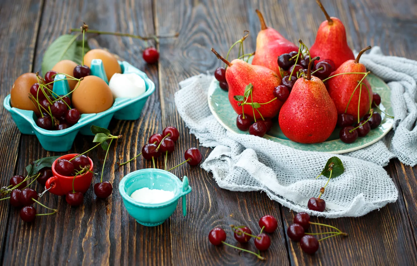 Photo wallpaper cherry, berries, eggs, plate, fruit, tray, pear, Julia Khusainova