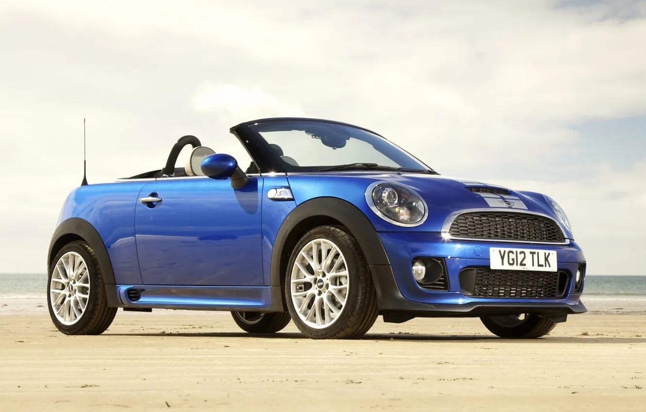 Photo wallpaper beach, the sky, blue, Roadster, Cooper, Roadster, the front, Cooper