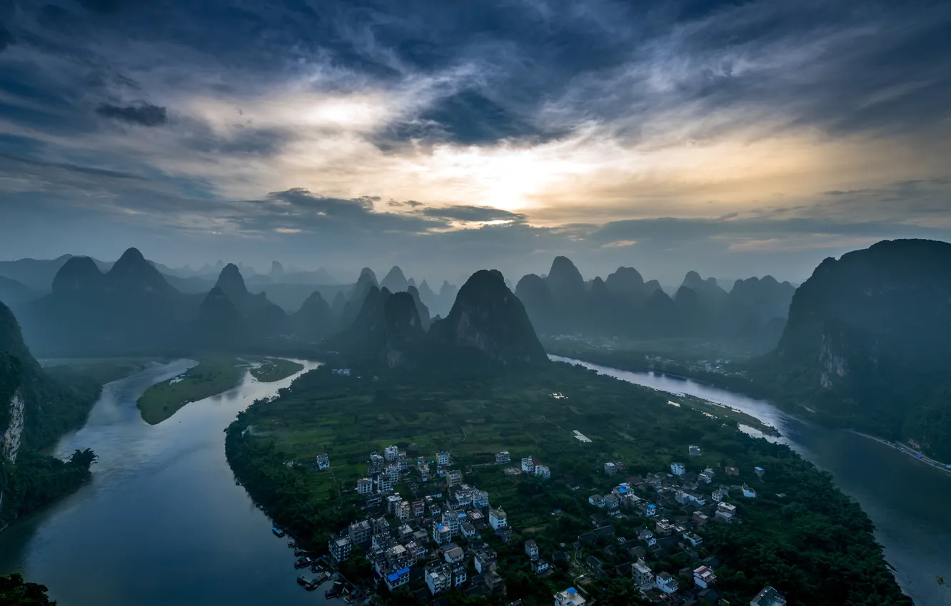 Photo wallpaper landscape, sunset, Xingping village