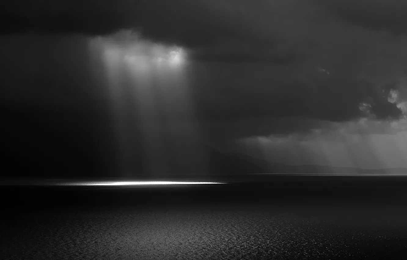 Photo wallpaper sea, the sky, clouds, rays, light, black and white