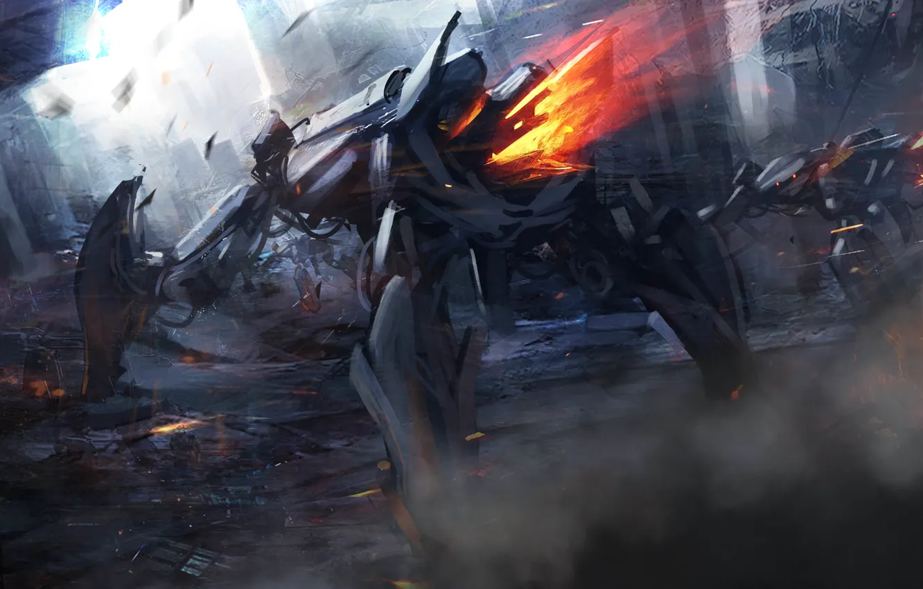 Photo wallpaper lights, weapons, fiction, robot, art, destruction, the ruins