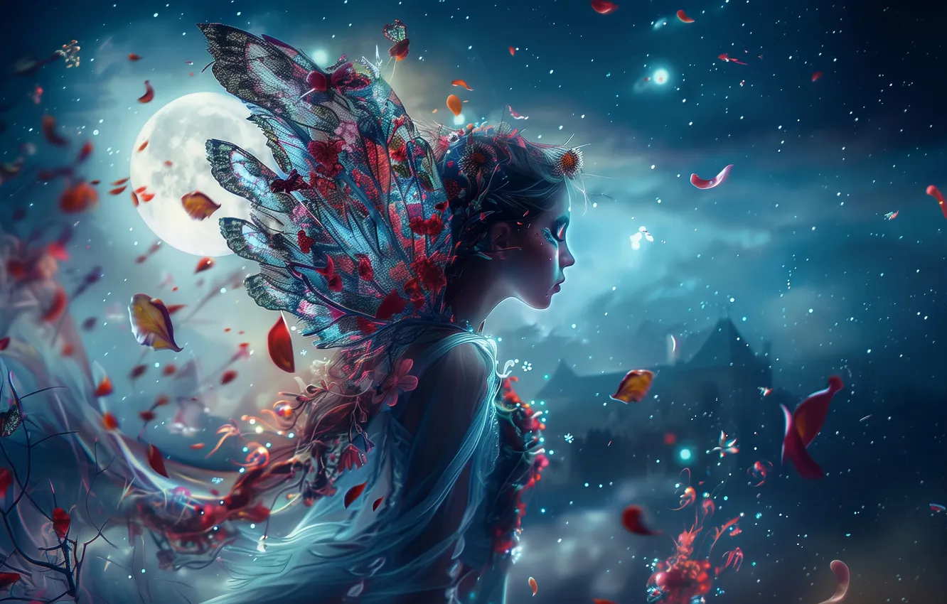 Photo wallpaper girl, flowers, night, the moon, wings, fairy, digital art, AI art