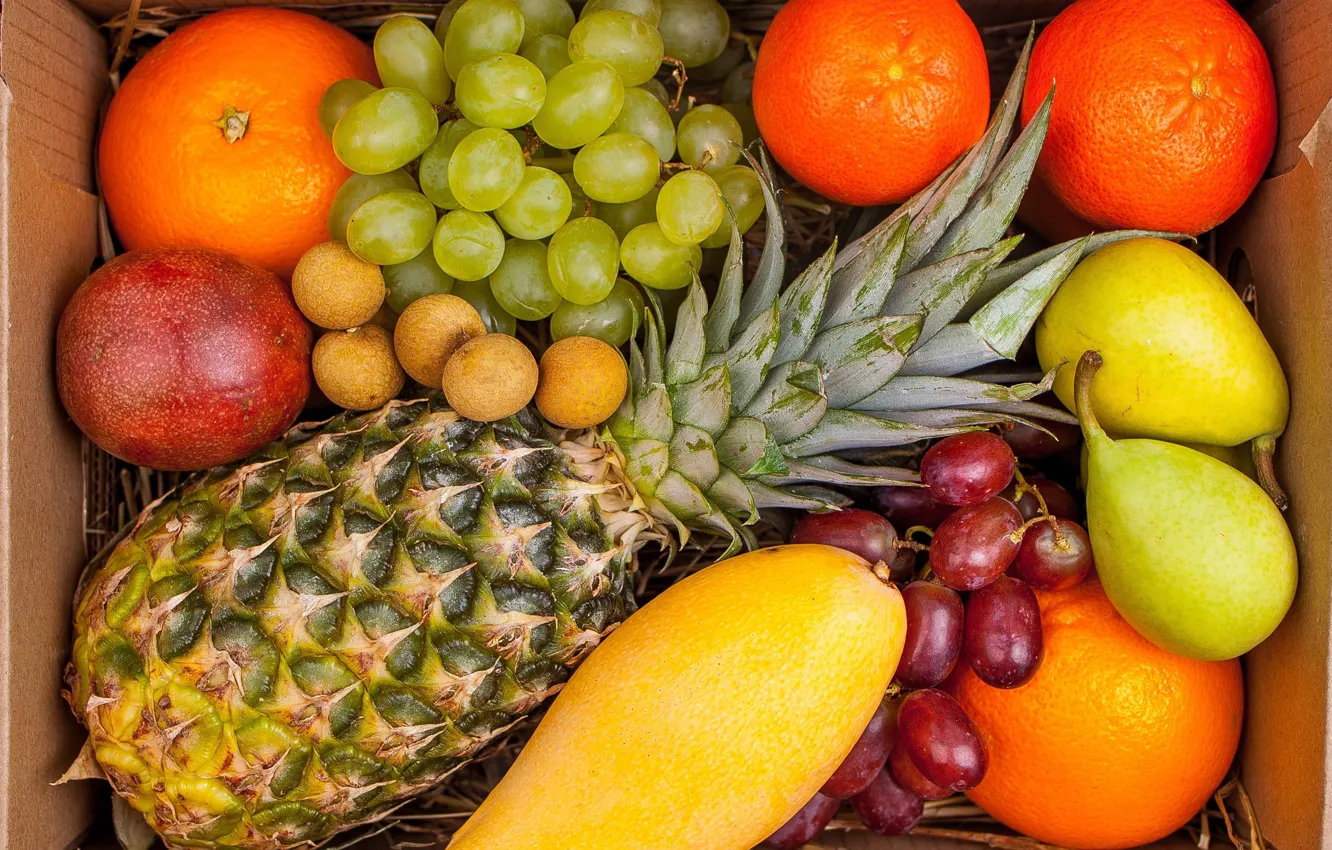 Photo wallpaper orange, grapes, fruit, mango, pineapple, pear