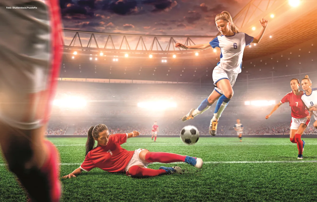 Photo wallpaper girl, football, the ball, stadium, Women's football