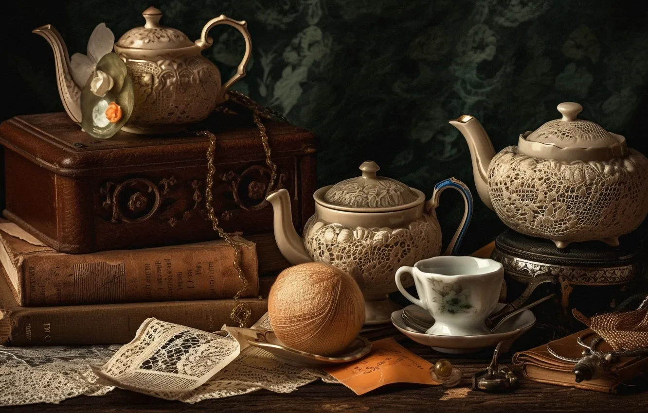 Photo wallpaper tangle, table, tea, kettle, Cup, box, book, drink