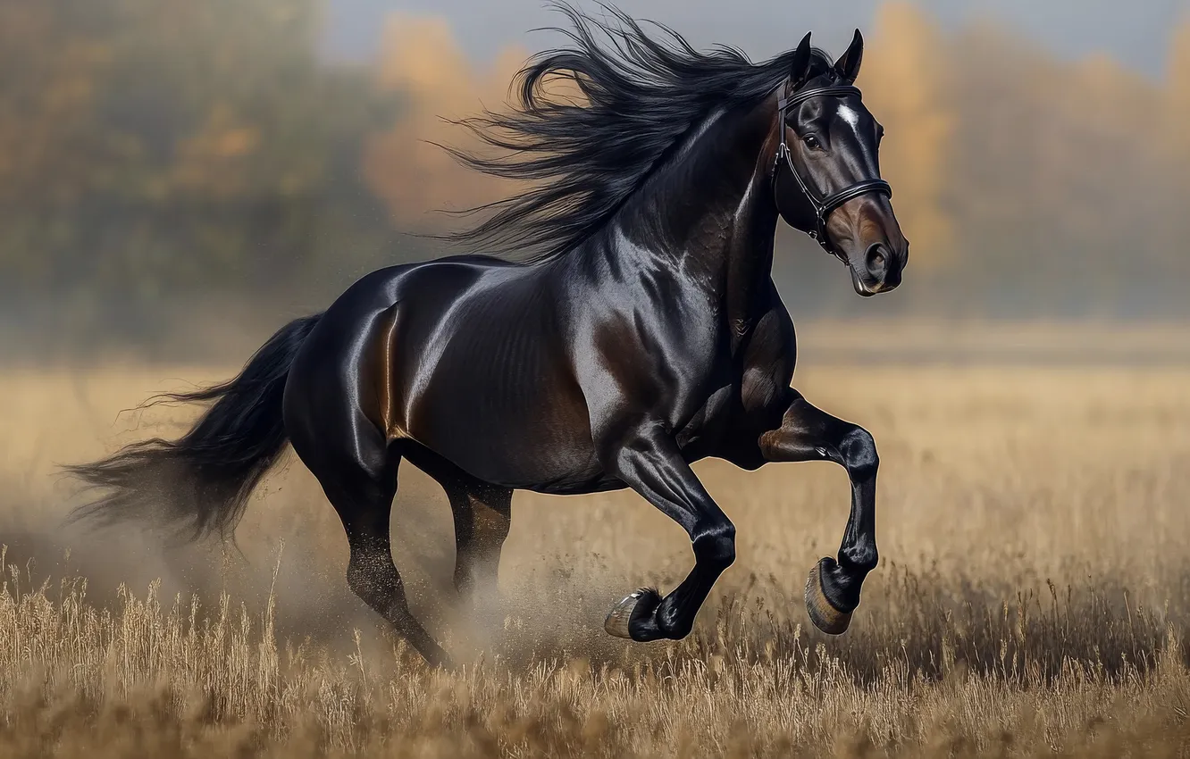 Photo wallpaper field, horse, horse, running, crows, AI art, neural network