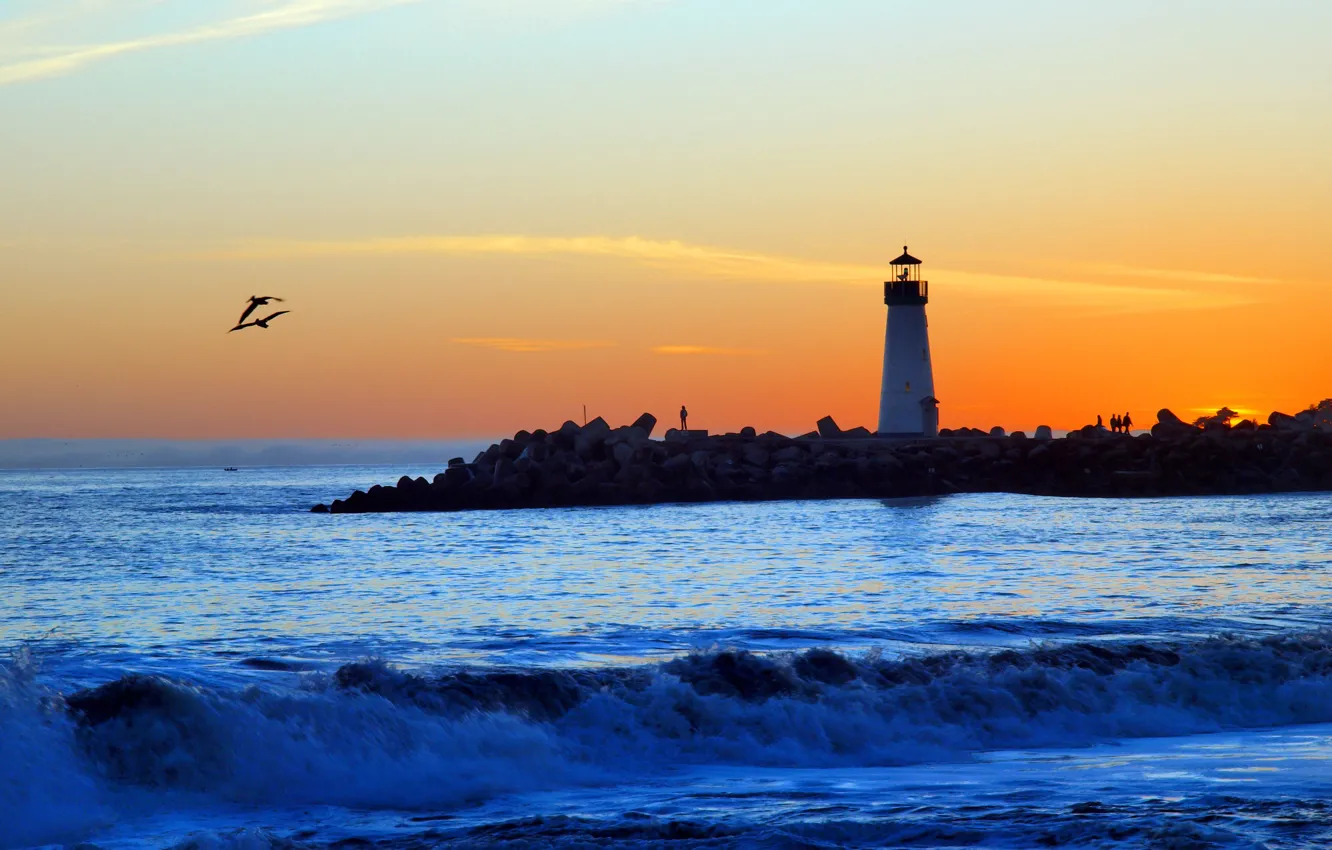 Photo wallpaper wave, beach, clouds, sunset, lighthouse, Seagull, Bay, orange sky