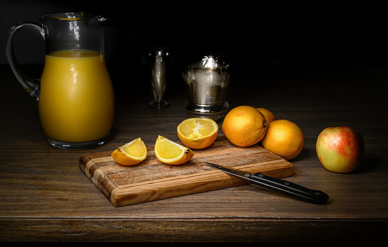 Photo wallpaper oranges, juice, knife, still life