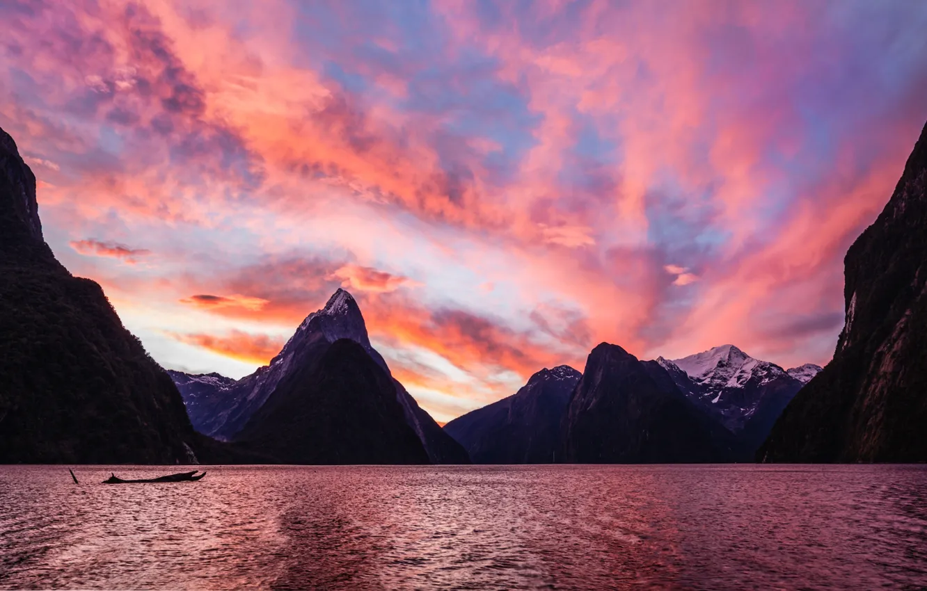 Photo wallpaper the sky, clouds, sunset, mountains, lake, boat