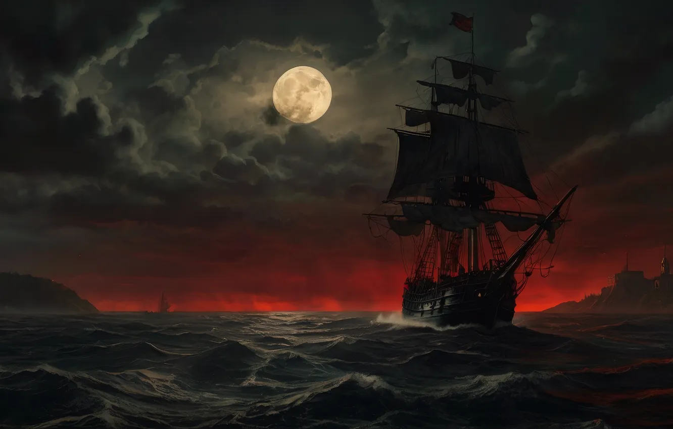 Photo wallpaper city, moon, sea, night, sailboat