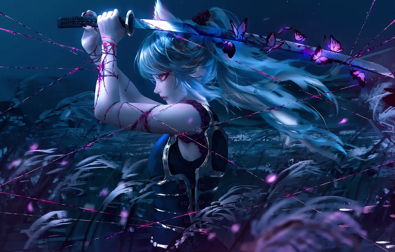 Photo wallpaper girl, night, butterfly, sword, fantasy, ears, thread, NIXEU