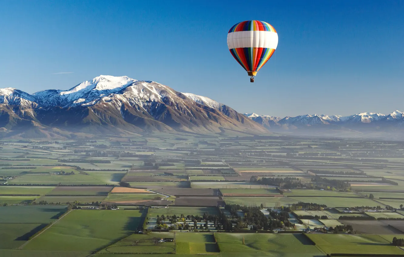 Photo wallpaper field, landscape, mountains, nature, balloon, photo