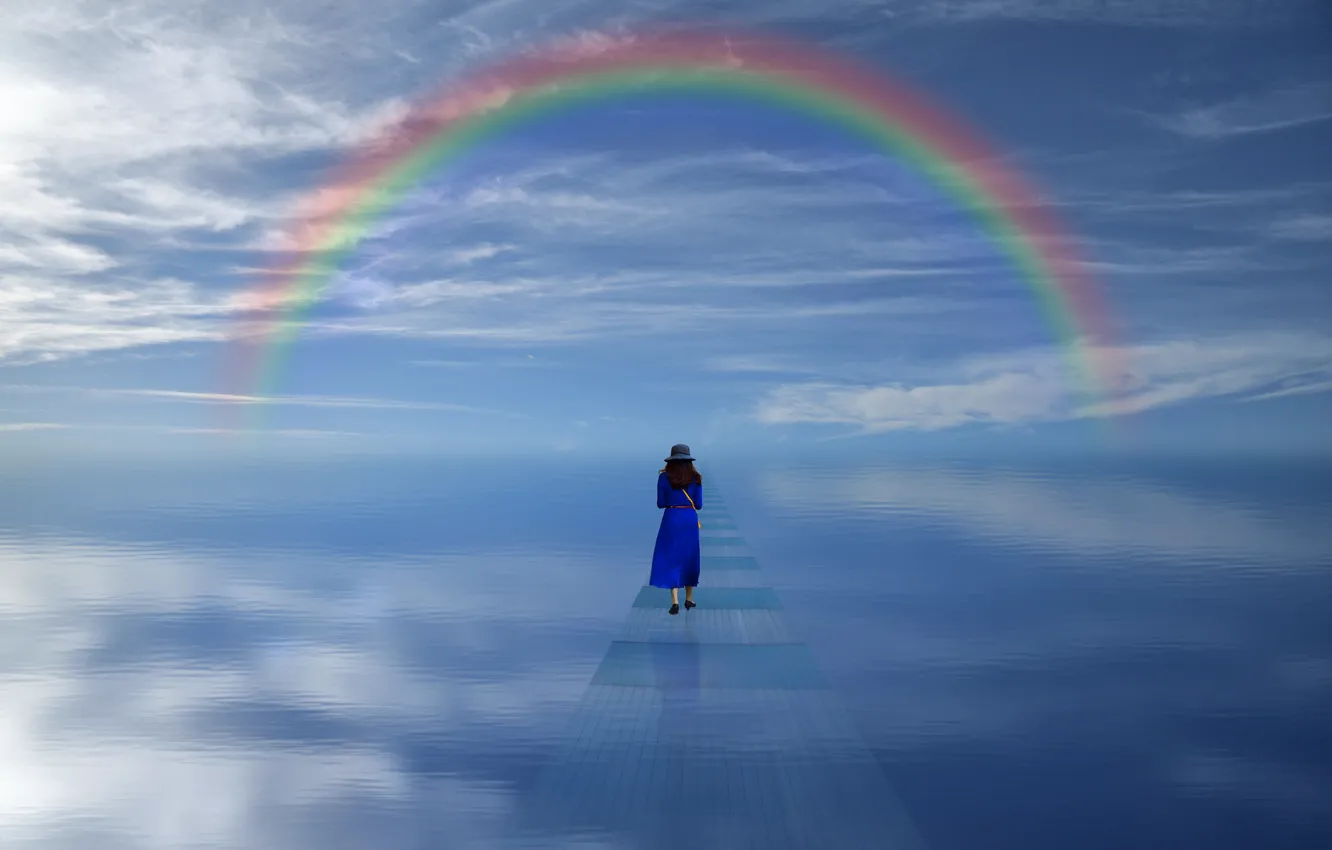 Photo wallpaper girl, rainbow, pond, AI art, neural network
