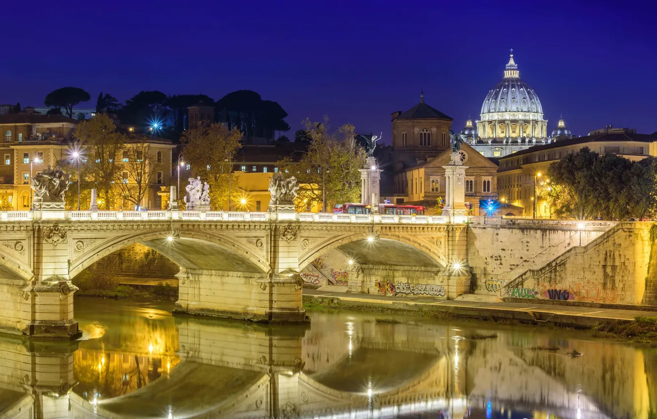 Photo wallpaper night, bridge, lights, river, Rome, Italy, St. Peter's Cathedral, The Tiber
