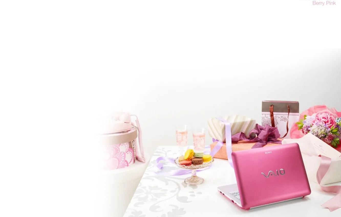 Photo wallpaper table, pink, gifts, laptop, sony, vaio