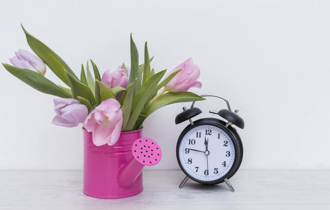 Photo wallpaper flowers, bouquet, Tulips, alarm clock, lake