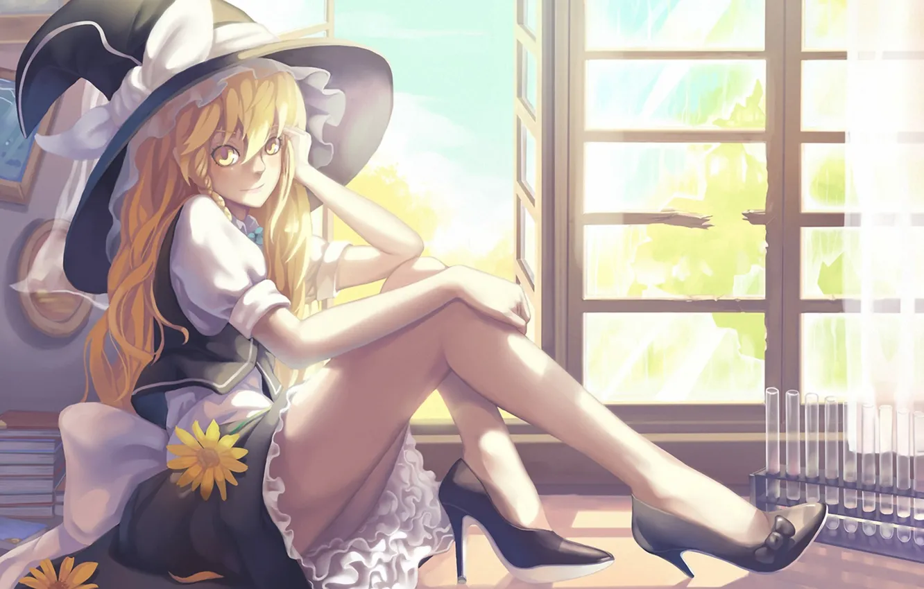 Photo wallpaper girl, flowers, hat, window, art, shoes, heels, bulb