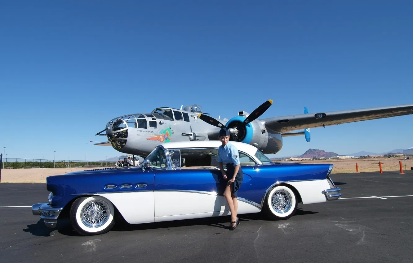 Photo wallpaper girl, the plane, the airfield, stewardess, buick