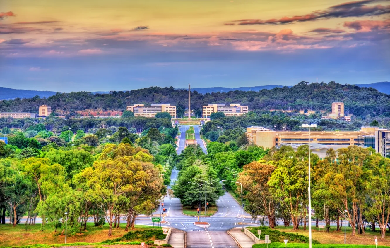 Photo wallpaper city, cloud, building, cityscape, capital, destination, canberra