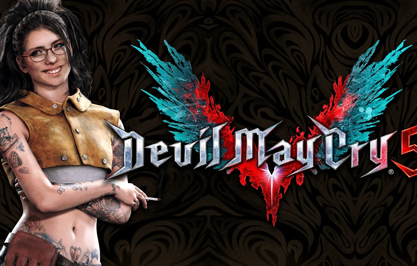 Photo wallpaper girl, smile, the game, glasses, cigarette, characters, Devil May Cry, Devil May Cry 5