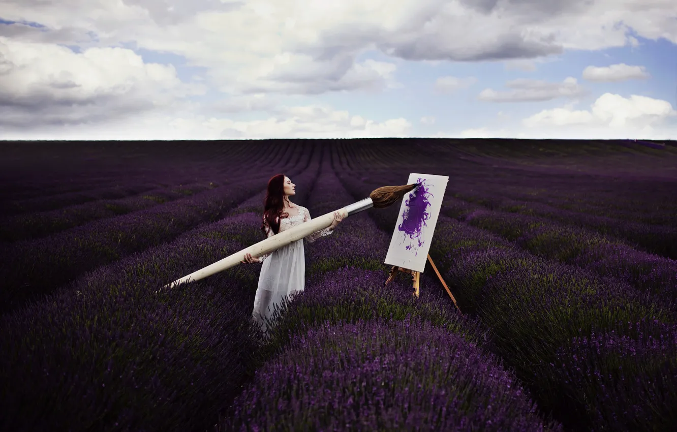 Photo wallpaper field, girl, picture, brush, lavender