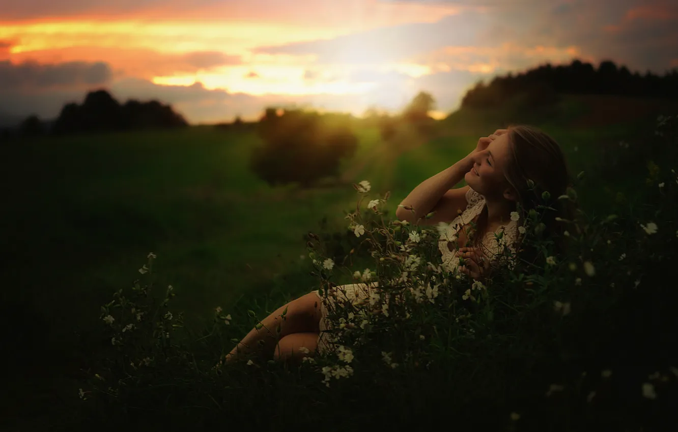 Photo wallpaper field, girl, joy, sunset, meadow, weed